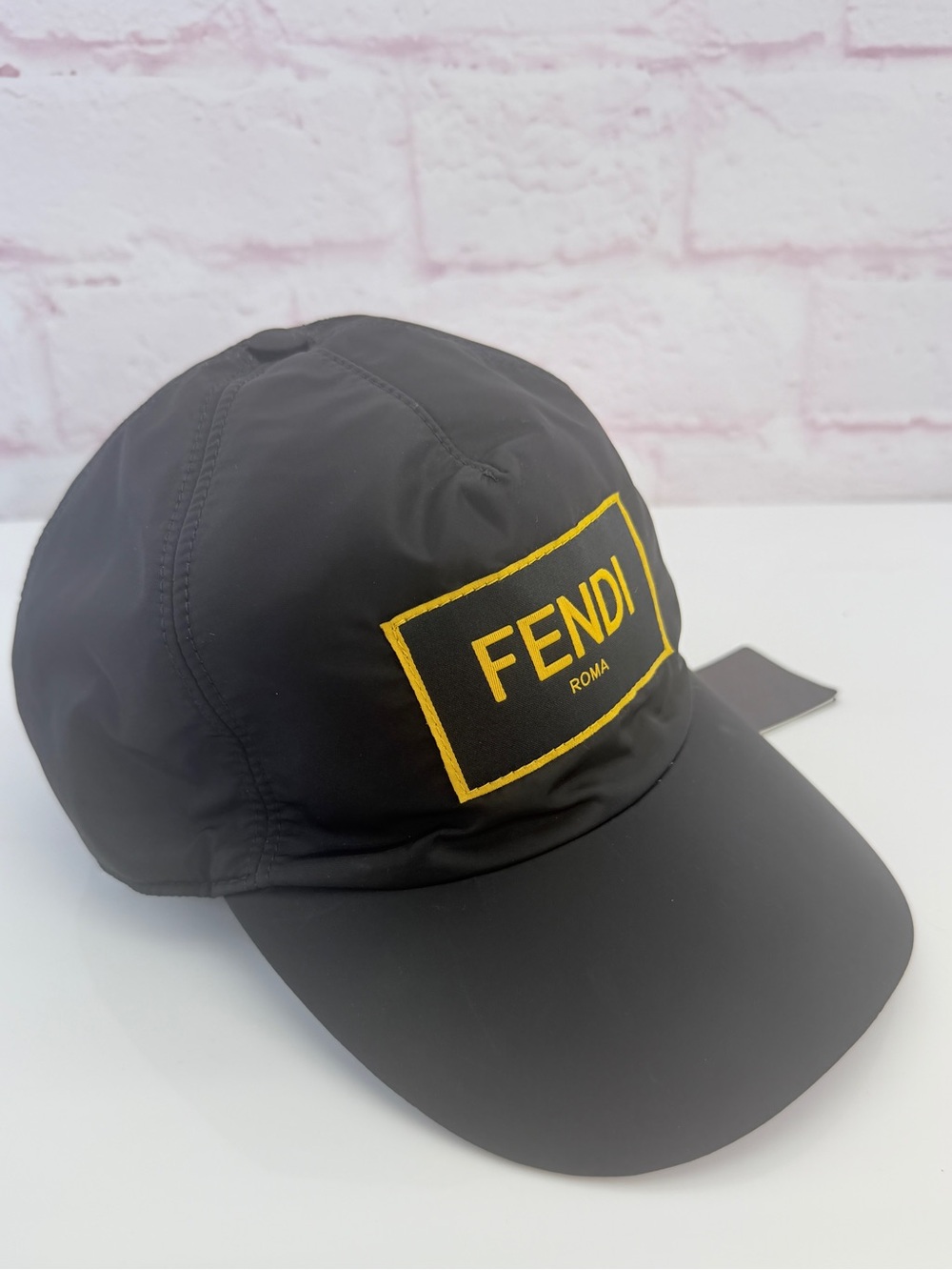 Fendi NWT Ff Jacquard Black Cap with Yellow Logo Patch